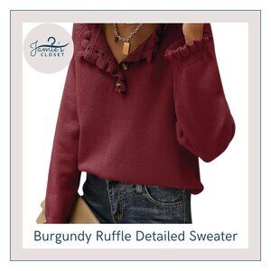 Burgundy / Deep Red Ruffle V-Neck Sweater – Size Large 🍷